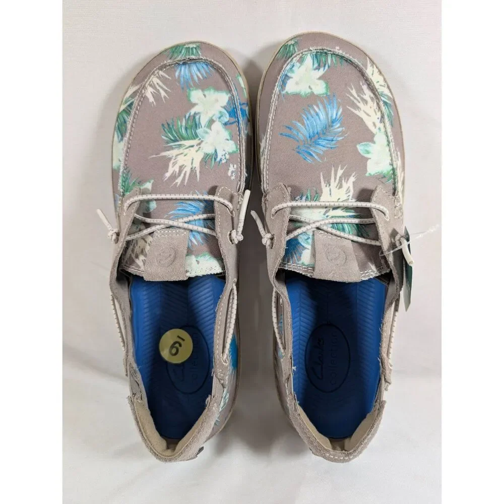 Clarks Higley Tie Floral Boat Shoes Men's 9 Gray Canvas Comfort Casual NWT